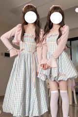 Blue [Sea Salt Strawberries] Sleeveless Plaid Print Bowknot Sweet Lolita Jsk Long Dress - Product - 5