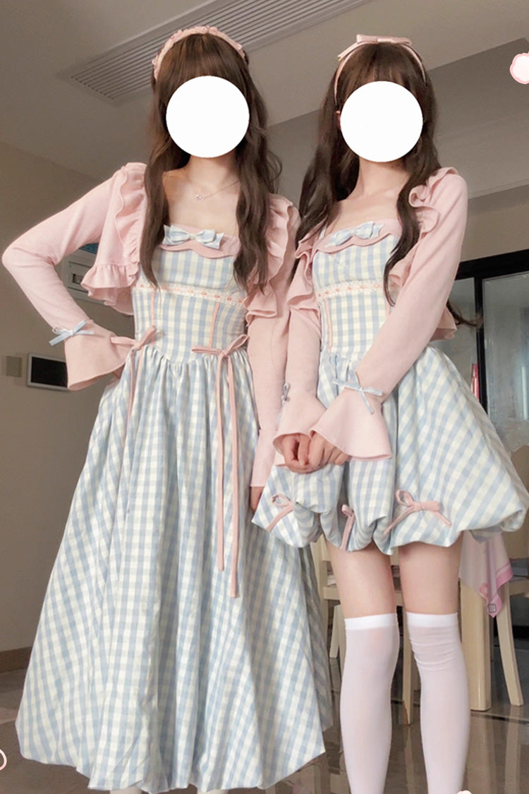 Blue [Sea Salt Strawberries] Sleeveless Plaid Print Bowknot Sweet Lolita Jsk Long Dress - Product - 5