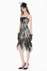 Black/White Lace Floral Embroidered Lace-Up Asymmetric Hem Women's Gothic Slip Dress - Product - 9