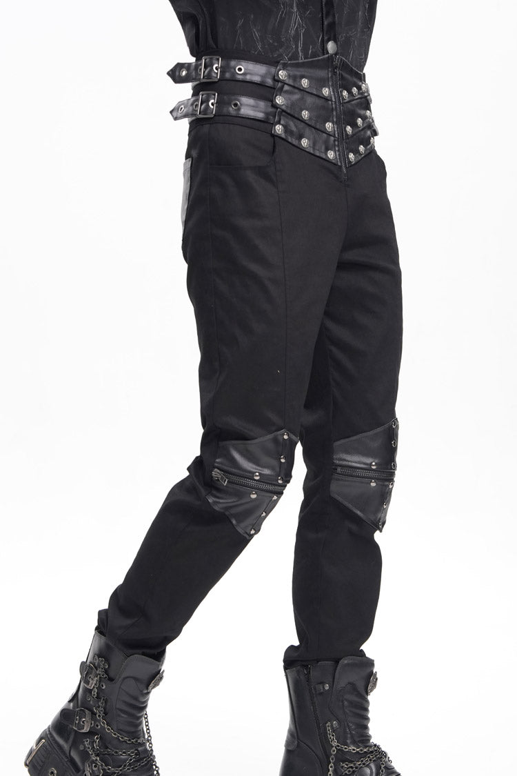 Black Stitching Buckle-up Studs Men's Gothic Pants - Product - 7