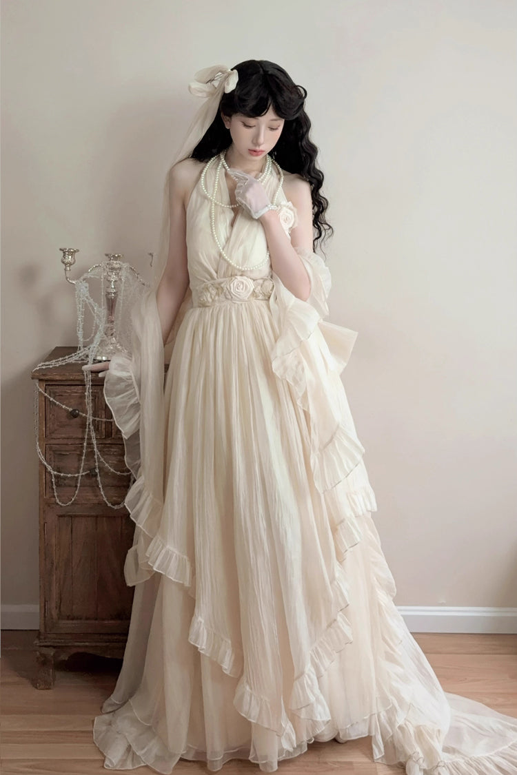 Apricot Halterneck Sleeveless Ruffle Bowknot Lace Sweet Princess Lolita Jsk Long Dress Set - Product - 4