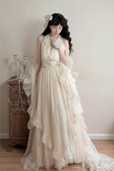 Apricot Halterneck Sleeveless Ruffle Bowknot Lace Sweet Princess Lolita Jsk Long Dress Set - Product - 4