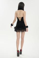 Black Halterneck Fluffy Splice Velvet Women's Gothic Dress - Product - 6