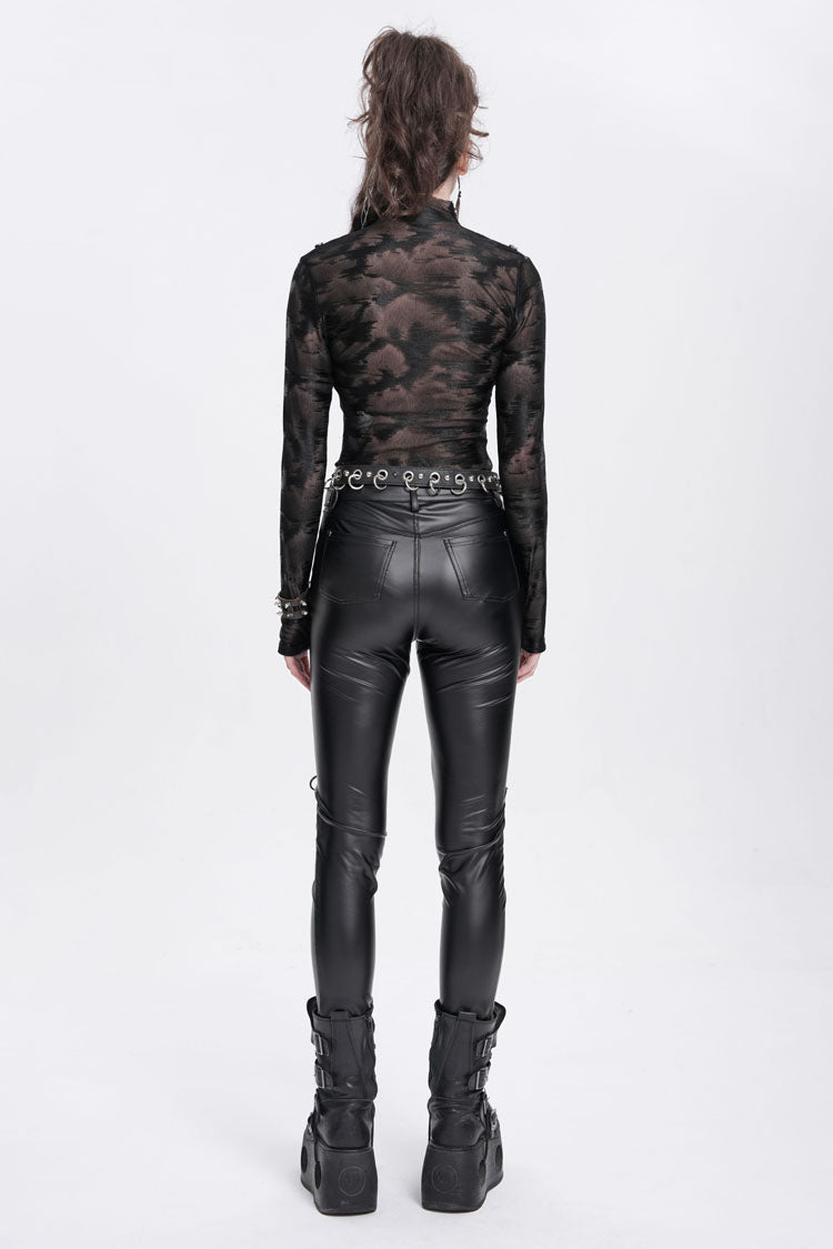 Black Stand Collar Sheer Studded Women's Punk Blouse - Product - 8