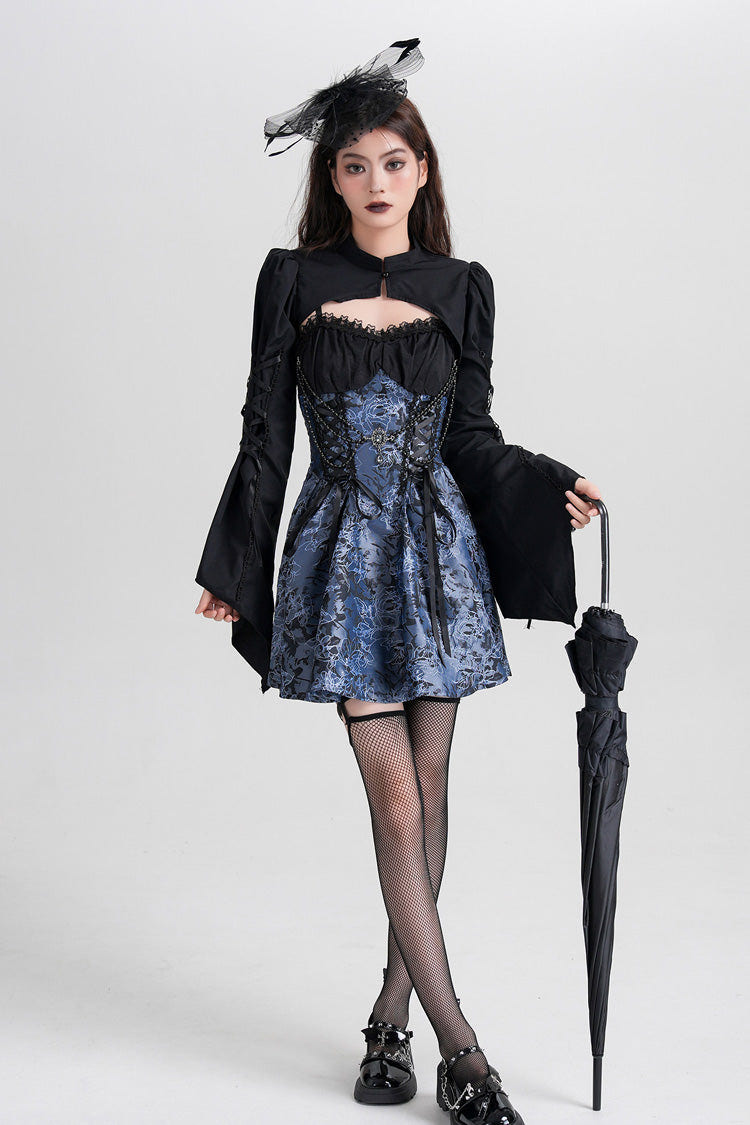 Blue Sleeveless Jacquard Printed Spliced Lace-Up Gothic Vintage Lolita Jsk Dress - Product - 8