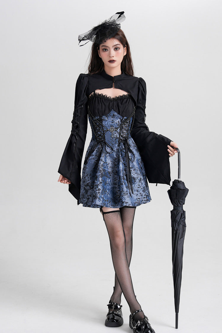Blue Sleeveless Jacquard Printed Spliced Lace-Up Gothic Vintage Lolita Jsk Dress - Product - 8