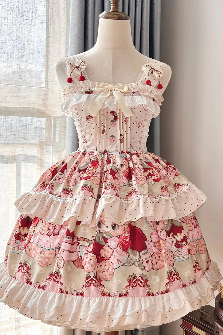 Ivory Strawberry Bear Sleeveless Double-Layered Print Ruffle Bowknot Sweet Princess (Dress Only) detail view 3