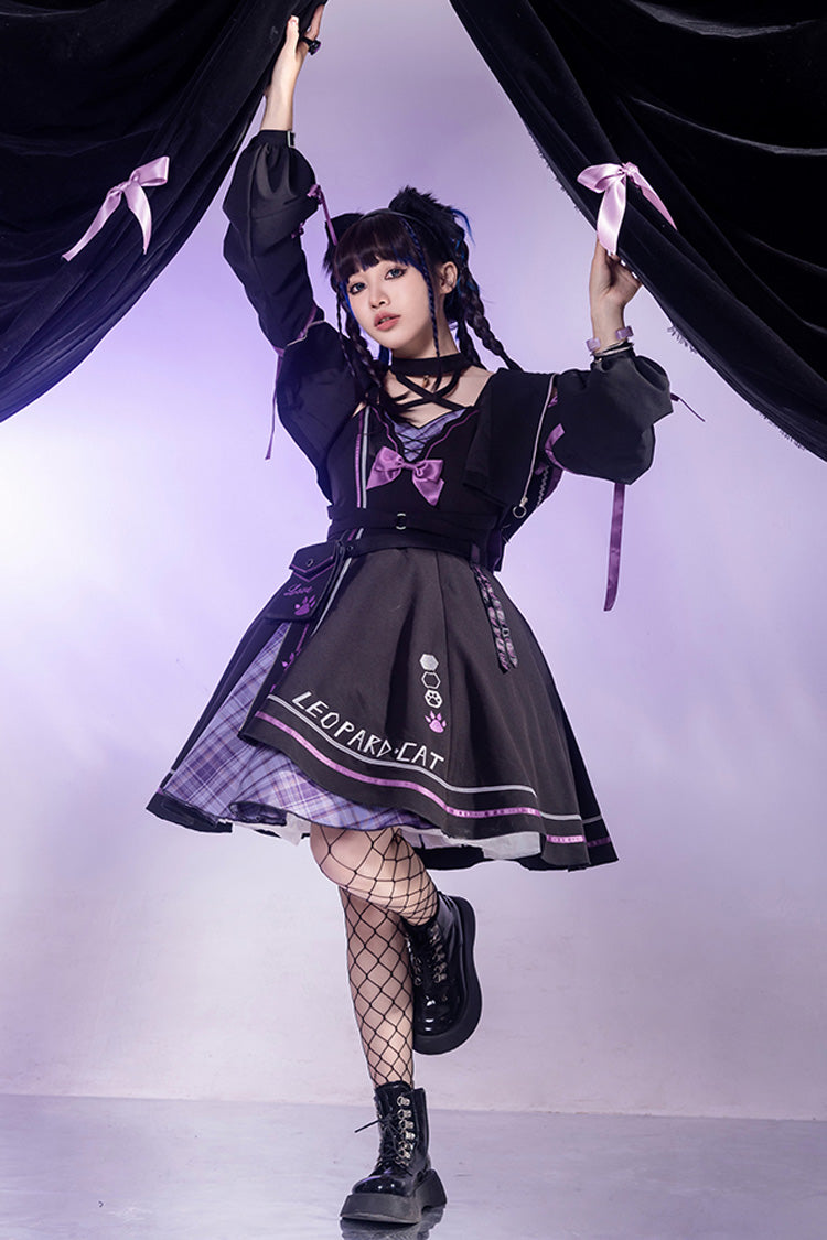 Black/Purple Cat Paw Print Bowknot Gothic Lolita Jsk Dress Set - Product - 4