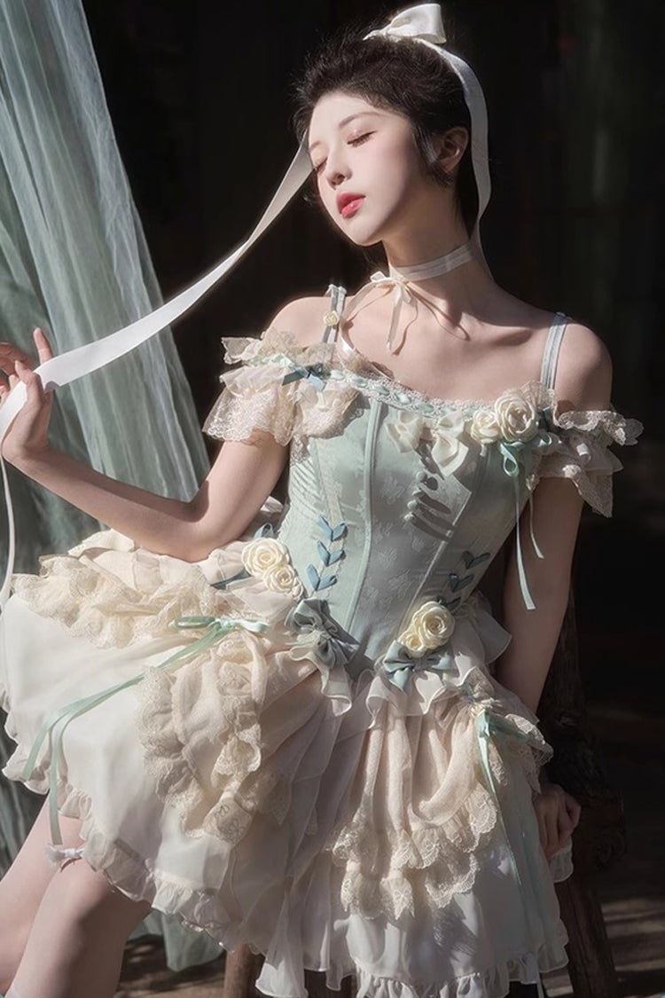 Light Green Off Shoulder Ruffle Bowknot Lace Sweet Elegant Princess Ballet Lolita Tiered Dress - Product - 7