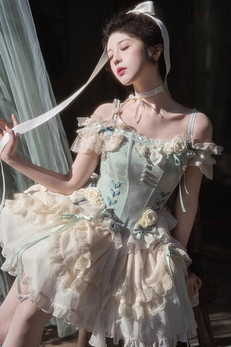Light Green Off Shoulder Ruffle Bowknot Lace Sweet Elegant Princess Ballet Lolita Tiered Dress - Product - 7