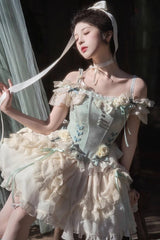Light Green Off Shoulder Ruffle Bowknot Lace Sweet Elegant Princess Ballet Lolita Tiered Dress - Product - 7
