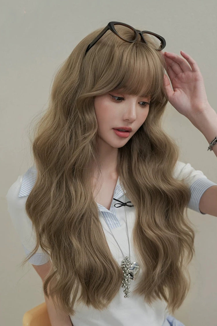 Milk Tea Brown Korean Style Fluffy Face-Framing Air Bangs Wavy Sweet Lolita Wig - Product - 2