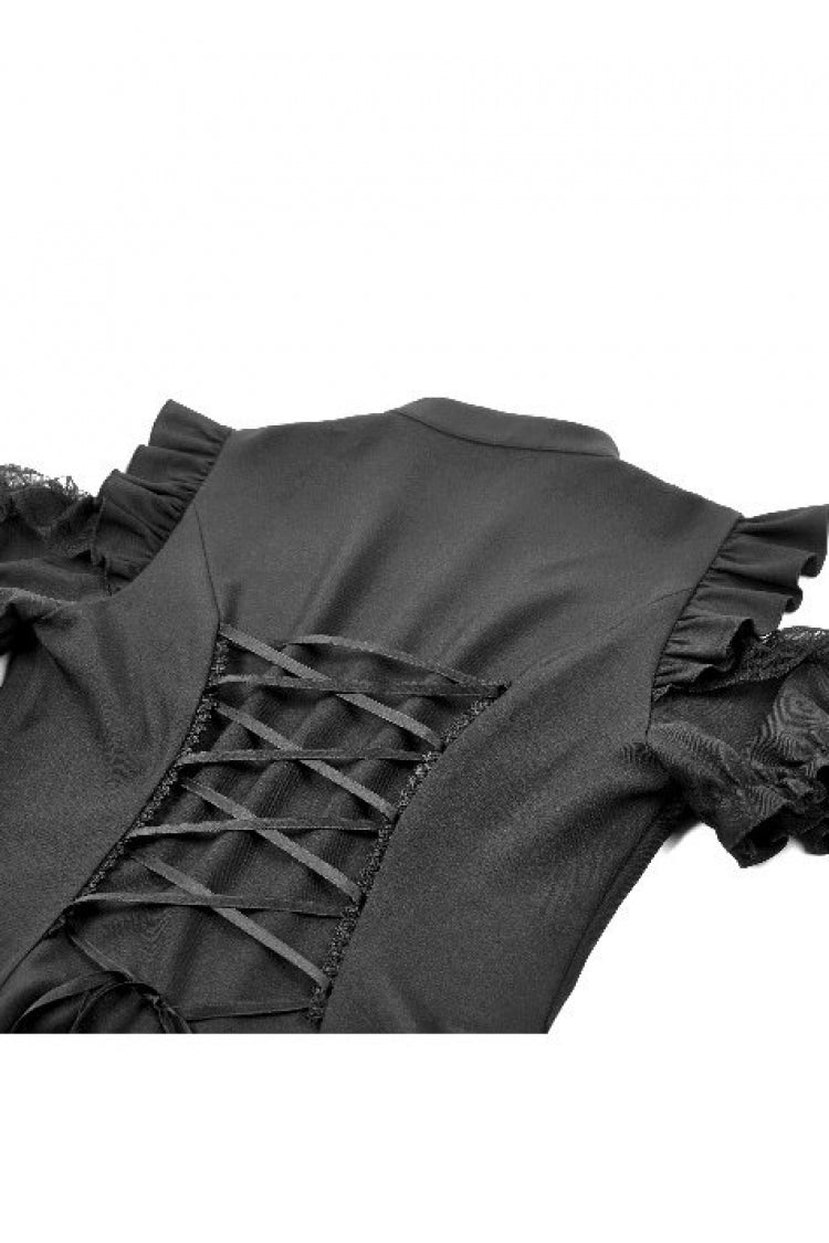 Black Mandarin Collar Cold‑Shoulder Puff Sleeves Ruffled Cut-Out Lace-Up Women's Gothic Blouse - Product - 15