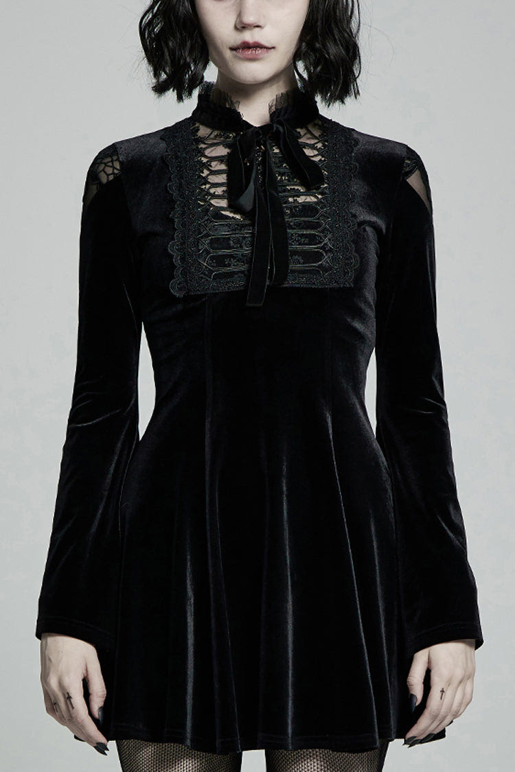 Black Long Trumpet Sleeves Hollow Lace-Up Women's Gothic Dress - Black - 1