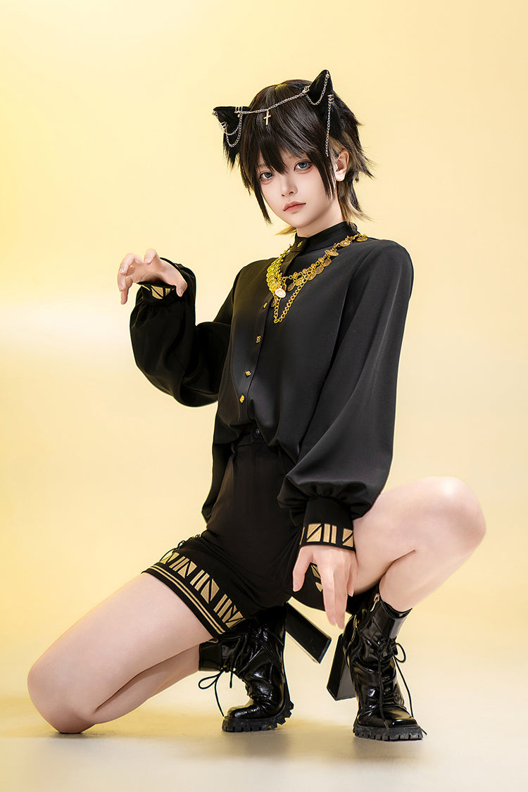 Black [Black Cat] Long Sleeves Print Embroidery Ouji Gothic Prince Handsome Lolita Blouse - Product - 5