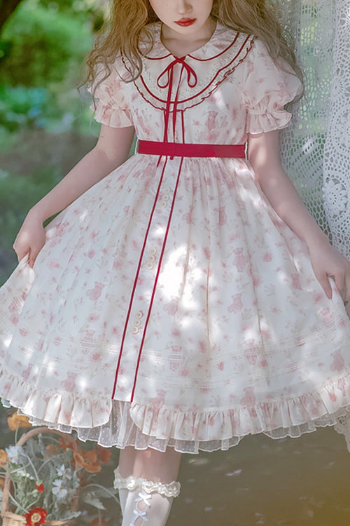 Pink Cute Bear Print Doll Collar Ruffled Short Sleeves High Waisted Sweet Lolita Dress - Pink - 1