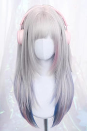 Pastel Silver Gray Pink Blue Ombre Long Straight Wig Sweet Lolita front view