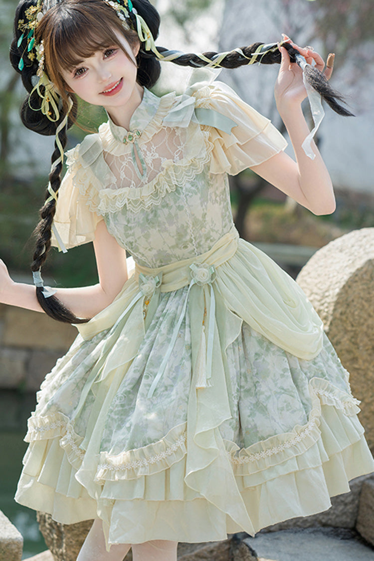 Green Pepper Chiffon Double-Layered Ruffle Bowknot Lace Sweet Chinese Style Lolita Dress - Product - 8