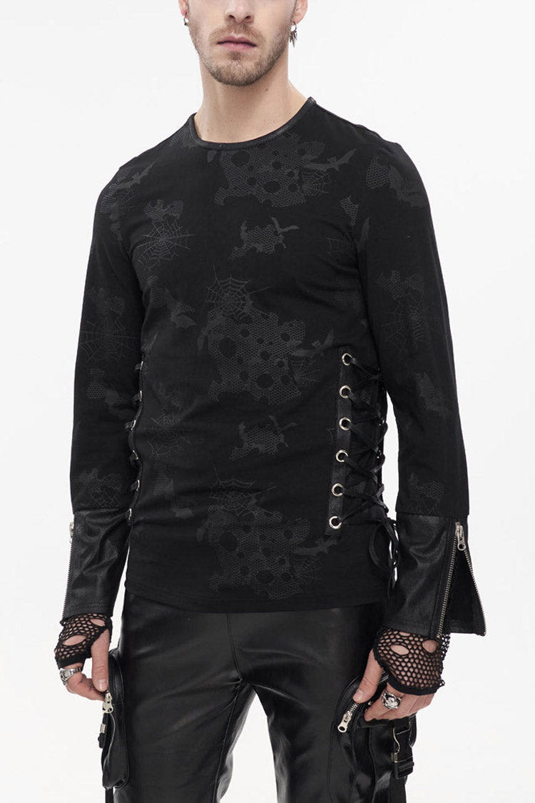 Black Punk Long Sleeve Knit Broken Holes Spider Web Print Crew Neck Men's Shirt - Product - 1