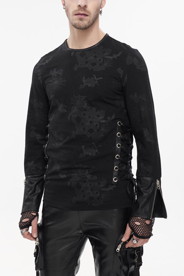 Black Punk Long Sleeve Knit Broken Holes Spider Web Print Crew Neck Men's Shirt - Product - 1