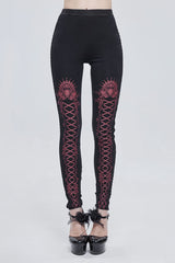 Black/Red Printed Decoration Tie Rope Elasticity Women's Gothic Leggings - Black/Red - 1