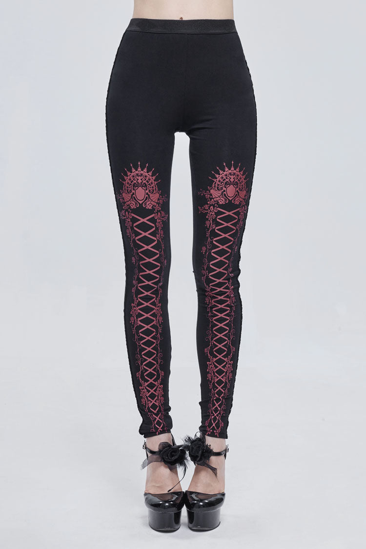 Black/Red Printed Decoration Tie Rope Elasticity Women's Gothic Leggings - Black/Red - 1