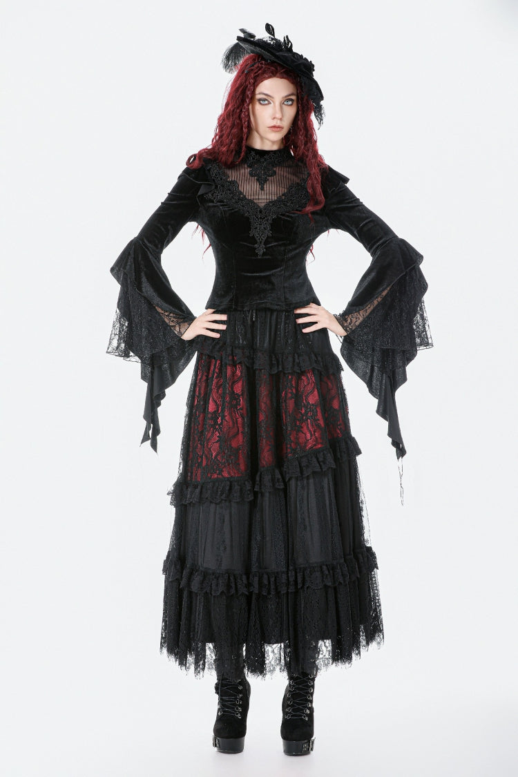 Black Multi-Layered Long Flare Sleeves Embroidered Sheer Mesh Splice Velvet Women's Gothic Top - Product - 9