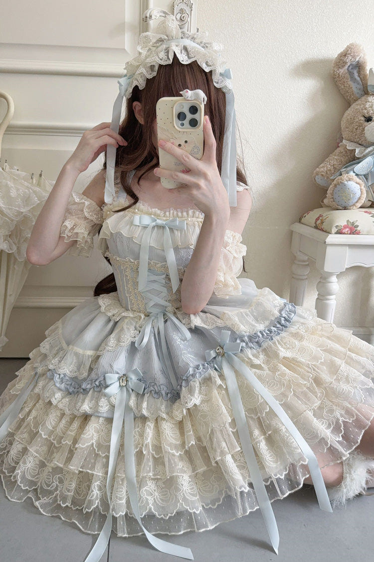Blue [Ribbon Heart Love] Sleeveless Multi-Layered Ruffle Bowknot Lace Lace-Up Sweet Princess Ballet Lolita Jsk Dress - Product - 6