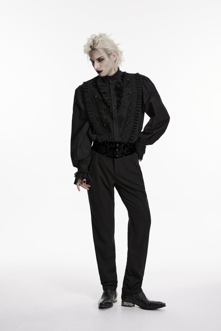 Black Stand Collar Long Puff Sleeves Embroidered Lace Men's Shirt - Product - 2