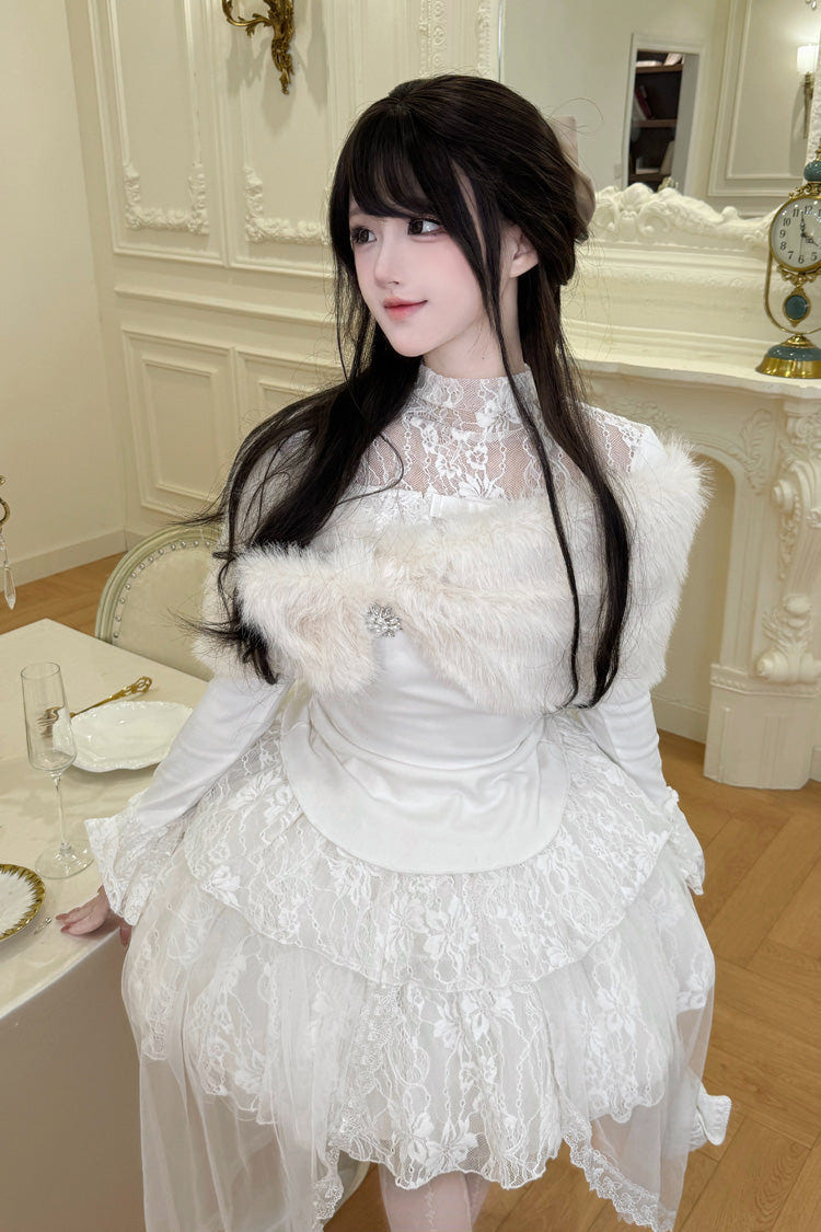 White [First Snow] Long Sleeves Lace Irregular Sweet Lolita Skirt Three-piece Set - Product - 6