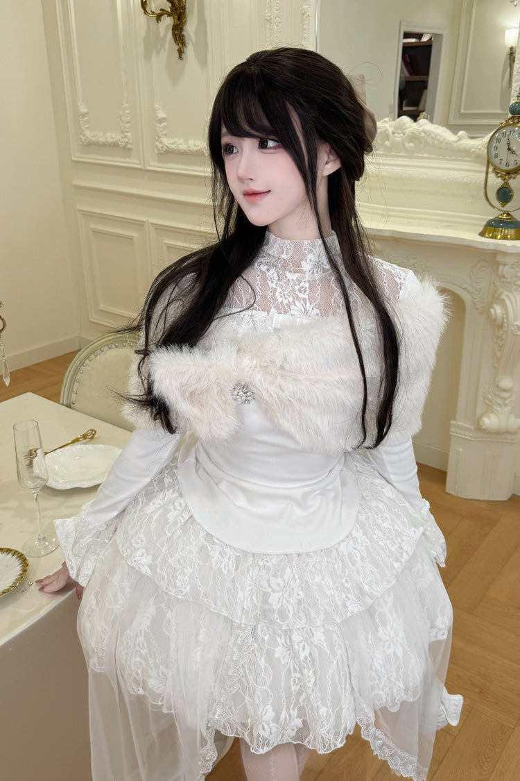 White [First Snow] Long Sleeves Lace Irregular Sweet Lolita Skirt Three-piece Set - Product - 6