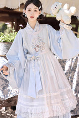 Light Blue [Alice in the Illusion] Stand Collar Pastoral-StylePrinted Bow Lace Chinese Style Vintage Lolita Ma Mian Skirt Set - Product - 10
