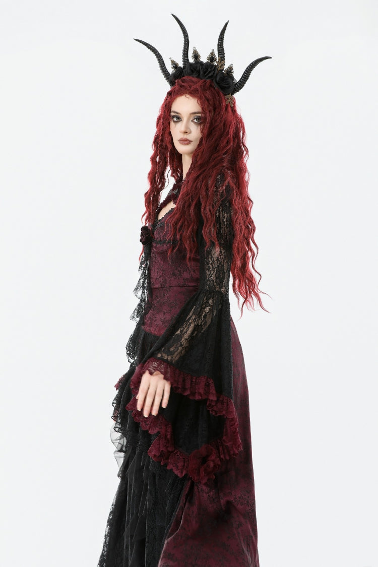 Black/Red Long Puff Flared Sleeves Floral Lace Women's Gothic Cape - Product - 5