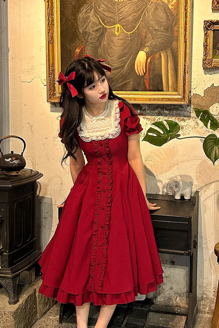 Wine Red Annie's Gift Short Sleeves Bowknot Sweet Lolita Dress (Plus Size Support) - Product - 5