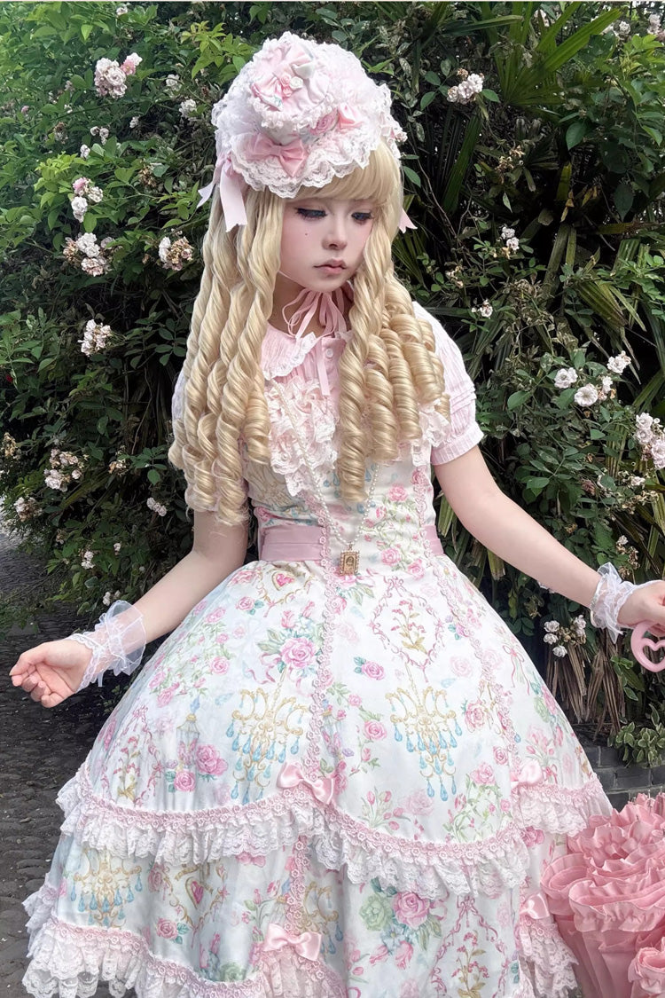White/Pink Sleeveless Flower Wall Print Ruffle Bowknot Lace Sweet Lolita Jsk Dress - Product - 21