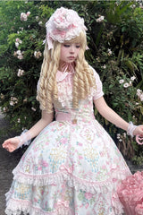 White/Pink Sleeveless Flower Wall Print Ruffle Bowknot Lace Sweet Lolita Jsk Dress - Product - 21