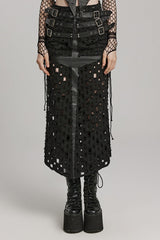 Black Hollow Cross-Taped Stitching Lace-Up Ripped Women's Steampunk Skirt - Black - 1