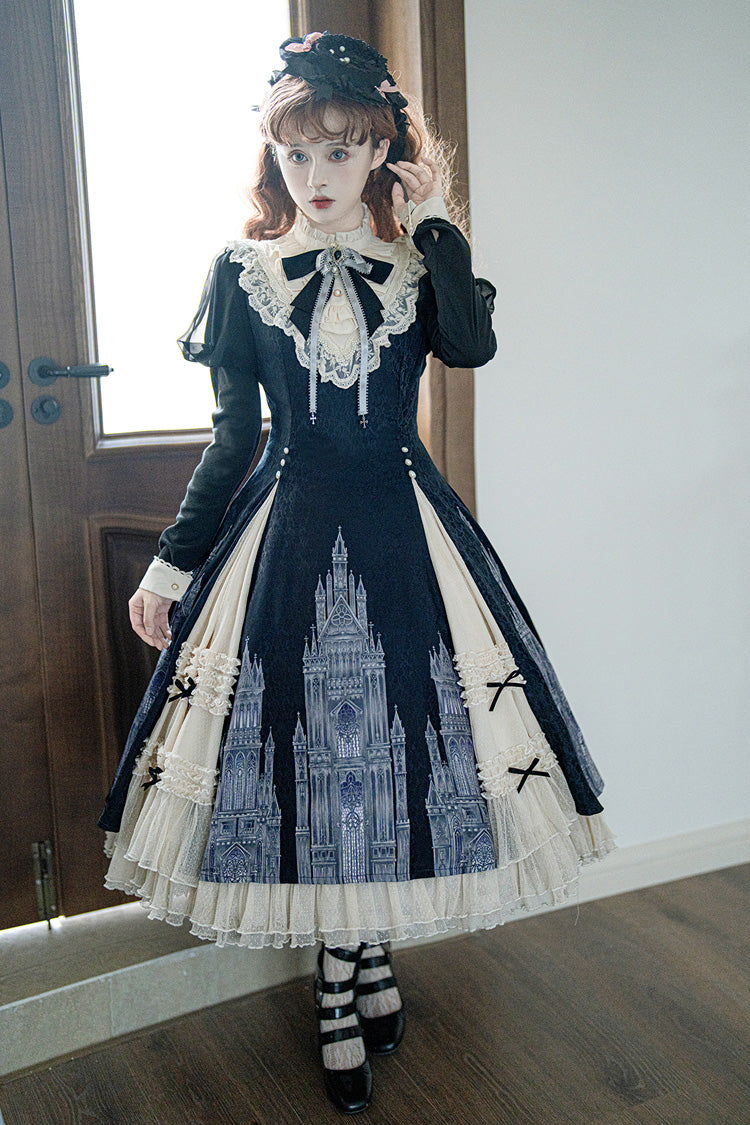 Black/White Church Bells Print Ruffle Cardigan Bowknot Gothic Elegant Lolita Dress - Product - 11