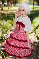Red [Cloth Cat] Triple-Layered Plaid Print Ruffle Bowknot Sweet Lolita Dress - Product - 4