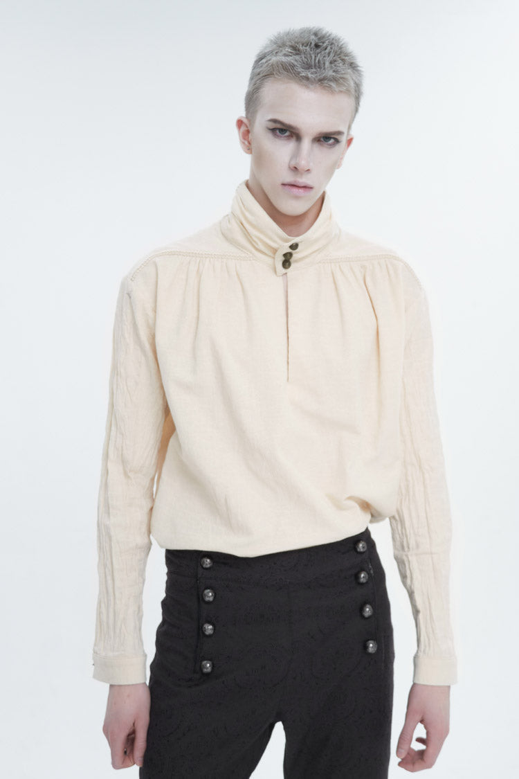 Stand Collar Ruched Men's Gothic Shirt - Beige - 1