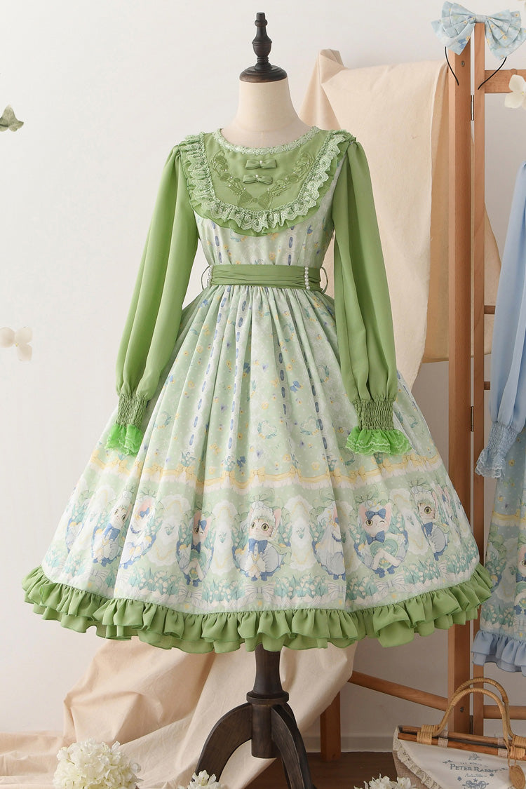 Green [Lily of the Valley Cat] Print Ruffle Embroidery Bowknot Sweet Lolita Dress - Product - 2