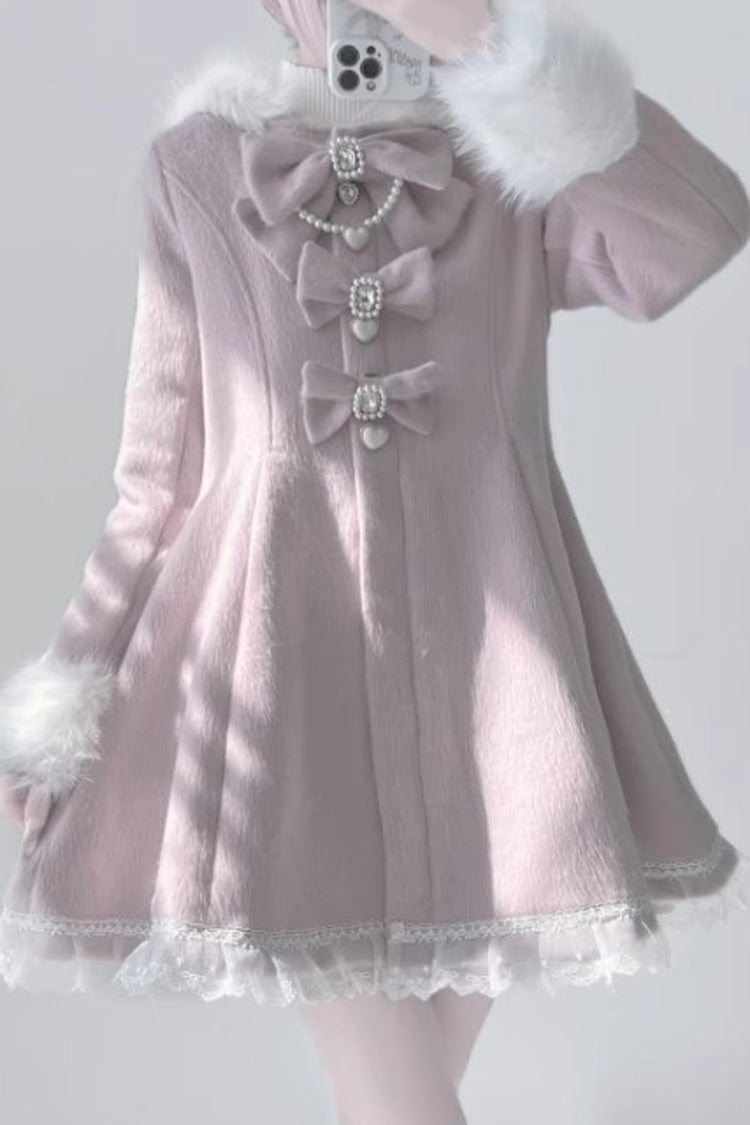 [Plush Lop-eared Rabbit] Long Sleeves Bowknot Lace Hooded Sweet Jirai Kei Coat 5 Colors - Pink - 5