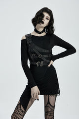 Black Cut-Out Asymmetric Buckled Eyelet Women's Punk Accessory with Pocket - Black - 1