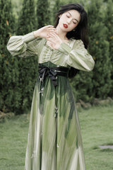Green French Oil Painting Square Collar Long Sleeves High Waisted Long Sweet Lolita OP Dress - Product - 2