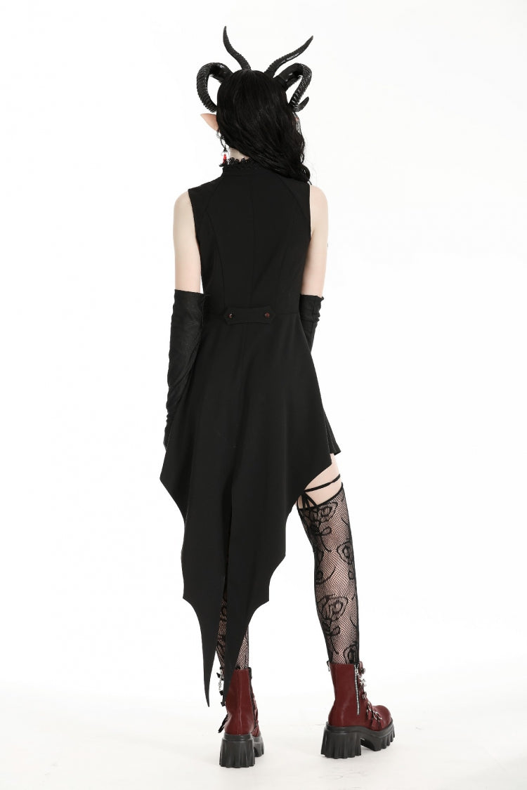 Black/Red Contrast Color Women's Gothic Ruffled Stand Collar Jabot Sleeveless Halloween Tail Dress - Product - 4