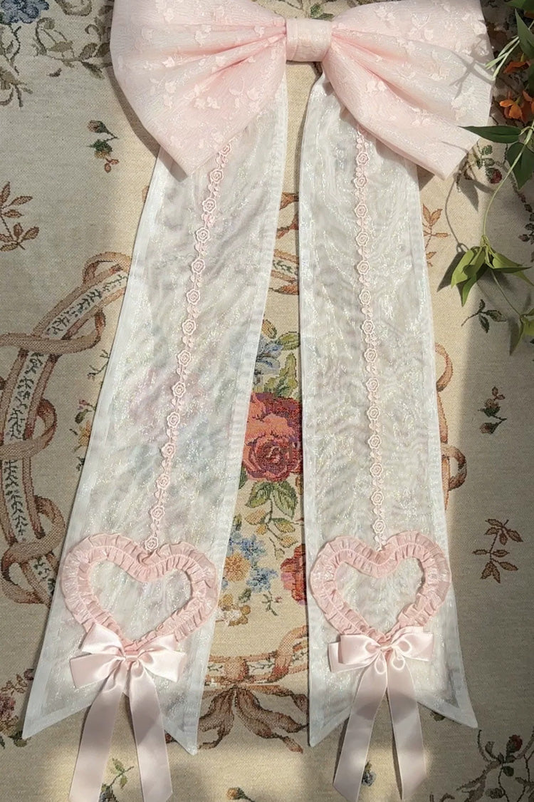 Pink [Heart Bear] Square Collar Flutter Sleeves Jacquard Ruffled Bow Lace Sweet Lolita Jsk Dress - Back-Bow(Only) - 6