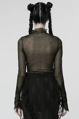 Black Mid High Collar Long Sleeves Slim Mesh Womens Gothic Blouse - Product - 3