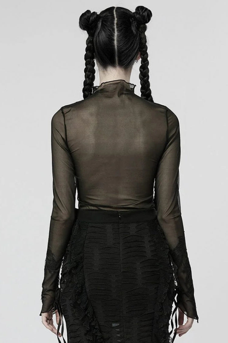 Black Mid High Collar Long Sleeves Slim Mesh Womens Gothic Blouse - Product - 3