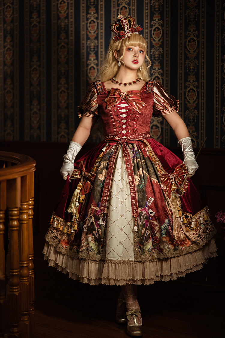 Red [Kaleidoscope of Dreams] Double-Layered Print Embroidery Bowknot Lace-Up Classic Vintage Gorgeous Lolita Dress - Product - 7