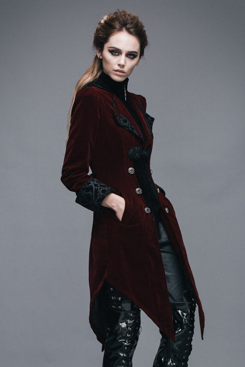 Red Embroidered High Collar Party Womens Gothic Coat - Product - 2